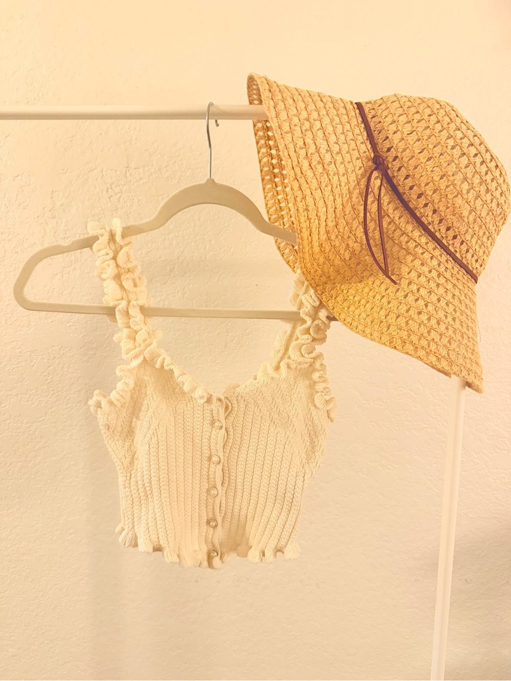 Cream Ruffled Knit Crop Tank Top